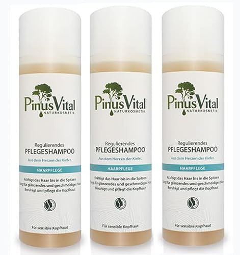 PinusVital Regulierendes Pflegeshampoo für alle Haartypen 3 x 200 ml | Regulierendes Shampoo für alle Haartypen, Naturkosmetik, vegan, ohne Silikone, für trockene, juckende und schuppige Kopfhaut