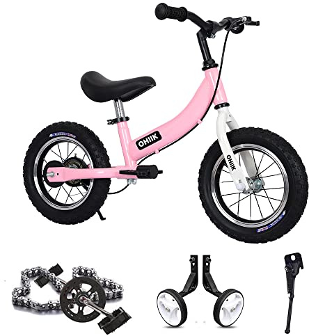 OHIIK Balance Bike 2 in 1 for Kids 2 3 4 5 6 7 Years Old,Balance to Pedals Bike,12 14 16 inch Kids Bike,with Pedal kit,Training Wheels,Brakes (Pink, 12 inch)