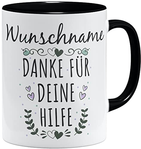 OM3® Wunschname + Danke für Deine Hilfe Tasse Dankeschön Geschenkidee personalisiertes Geschenk Name personalisierbar | Keramik Becher | 11oz 325ml | Beidseitig Bedruckt | Schwarz