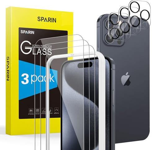 SPARIN Panzer Schutz Glas für iPhone 15 Pro Max, 3 Folie und 3 Kameraschutz | mit Rahmen Installationshilfe, 9H Härte Schutzfolie, HD Displayschutz