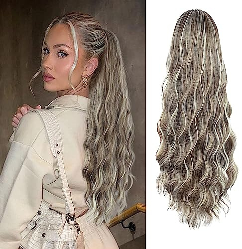 YEESHEDO Pferdeschwanz Haarteil aschbraun mit blond Langer Wellig Locken Haarteil Zopf mit Kordelzug Ponytail Natürliches Kunsthaar Haarverlängerunge Extensions für Damen Afro Zopf Ponytail 60cm