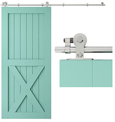 TSMST 200CM/6.6FT Edelstahl Laufschiene Schiebetürbeschlag für Einzelne Holztüren, Reibungslos und Leise (T-Form-Aufhänger)