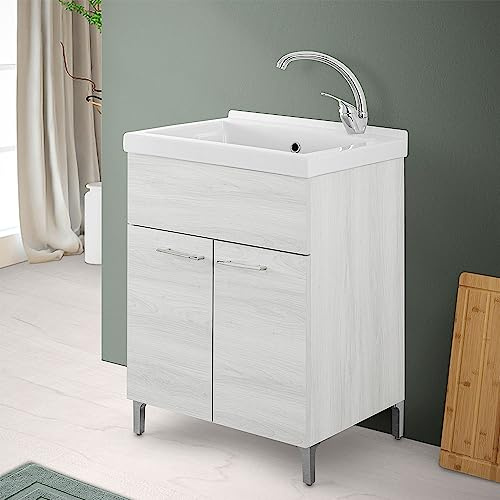 Mobile lavatoio Lavanderia 60x50 Rovere Bianco, in Legno con Vasca lavapanni in Ceramica, 2 Ante e Kit di Scarico Incluso