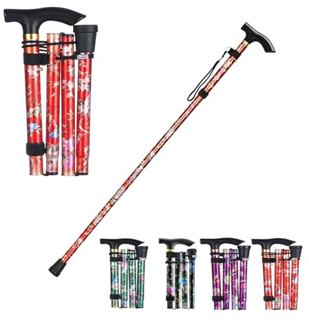 ProBytes Foldaway Cane - Ergonomic Designer Walking Stick. Height Adjustable 82-92 CM, Metal Alloy Body, Non-slip Rubber Base, Easy Grip Derby Handle, 4 Fold Mobility Aid, Collapsible - Red Floral