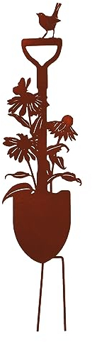 UNUS Bêche de Jardin avec Oiseau et Fleur - Chapeau de Soleil, Piquet en Métal Patiné Inoxydable - Décoration Aspect Rouille pour Terrasse, Balcon ou Pot