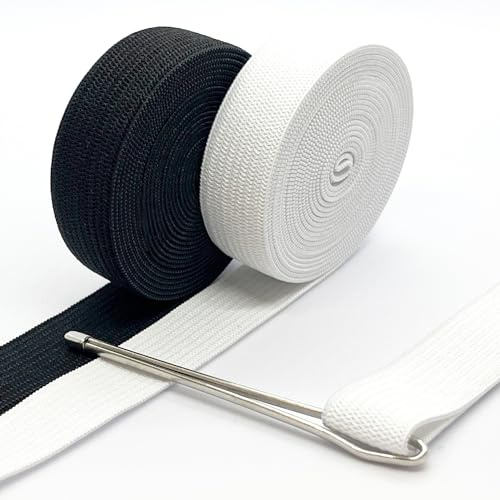 Elastique Couture Plat, Accessoire au Mètre. Bande Élastique Large et Résistants,1m en Blanc, 1m en Noir, 15mm de Large. Avec 1 Aiguille Passe-Lacets