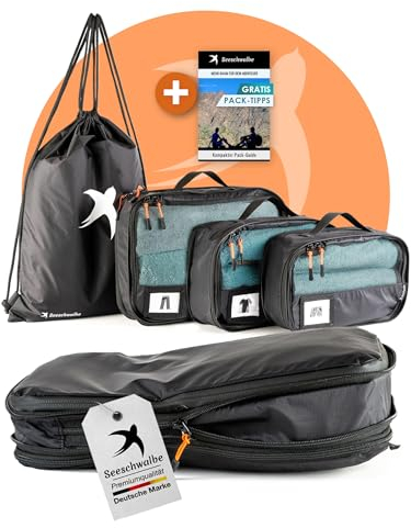 Compression Packing Cubes Set für Koffer & Backpack | Packwürfel Packing Cubes Compression als Rucksack Organizer | Travel Packtaschen | Camping Zubehör & Wander Ausrüstung (4-teilig, schwarz)
