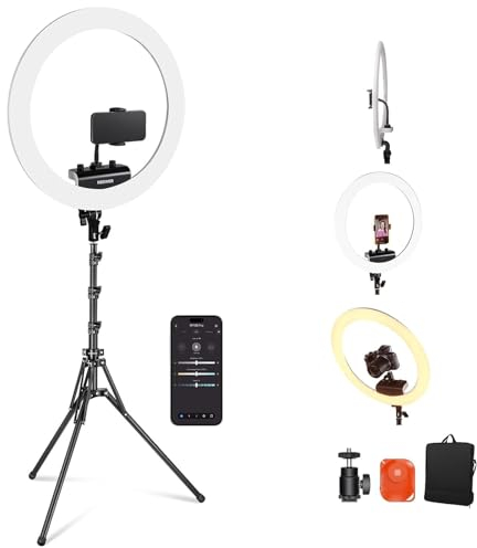 NEEWER Professionellt ringljus med stativ och telefonhållare, 18 tum tunn, 45 W 2900–7000K TLCI98, fjärrutlösare och appkontroll, mjukare belysning för Make up Live Stream TikTok, RP18B Pro vit