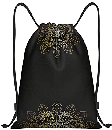 DEHIWI Mandala-Stil Floral Kreis Antike Wirbel Kordelzug Tasche Rucksack Schwimmtasche Frauen Trainer Tasche String Bag Für Gym Reisen, Schwarz , S