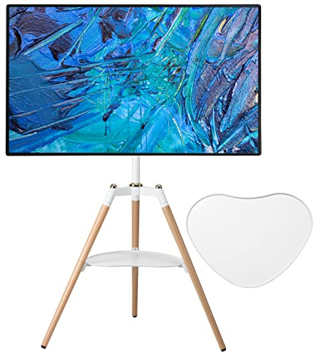 ETHU Caballete de TV con trípode para televisor de 32 a 65 pulgadas, soporte giratorio de altura ajustable con estante multimedia y patas de madera de haya maciza, VESA 400 x 400, soporta hasta 40 kg