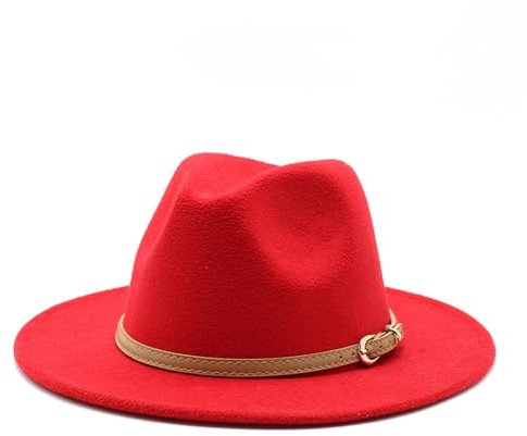 Fengyan Hüte Herbst und Winter Britischer Stil Jazz Wollhut, große Krempe, klassischer Hut, modischer Wollhut für Herren und Damen Filzhut (Farbe: Rot, Größe: L)