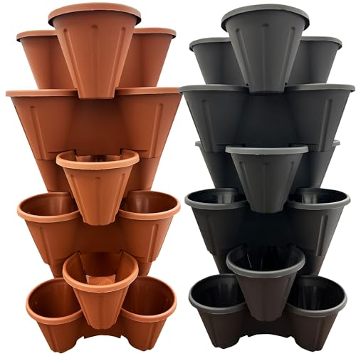 STORM TRADING GROUP Strawberry Planters Tri-Pot Stacking Pots For Herb Flower Bedding Indoor Outdoor Garden Black & Terracota (Terracotta, 6 Strawberry Planters (Trio 3 Pot))