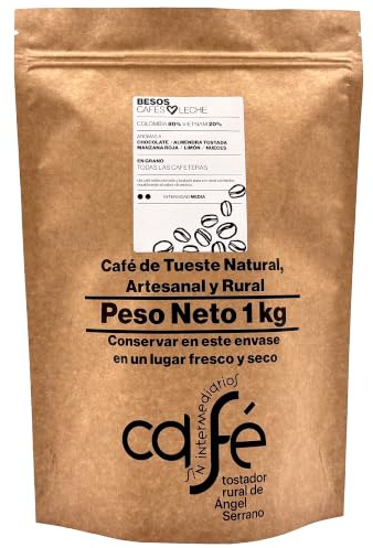 CAFÉ SIN INTERMEDIARIOS - Café de Colombia y Vietnam - Besos - Ideal para combinar con leche - Intensidad de sabor Media - Recién tostado y envasado - 1 kg en GRANO para Todas las cafeteras