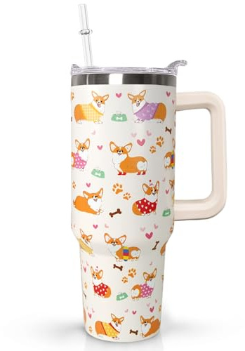 Ceovfoi 40 Oz Tumbler With Handle,Corgi Coffee Travel Mug Cup Water Bottle,Corgi Decor,Dog Gifts for Women