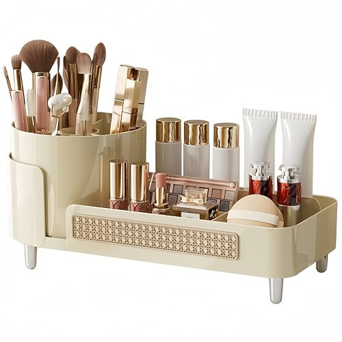HARLIANGXY Make up Kosmetik Organizer mit 360° Drehbarer Pinselhalter, Schmink Aufbewahrungsbox, Beauty Organizer, Cosmetic Organizer für Schminktisch Badezimmer Waschtisch, Milchweiß