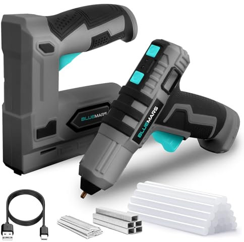 BLUEMARS 4V Cordless Staple Gun & Mini Hot Glue Gun Kit, 2-in-1 Electric Nailer & Glue Gun with Staples, Nails & Glue Sticks, Fast Heating, Ideal for Upholstery, Carpentry, DIY Projects