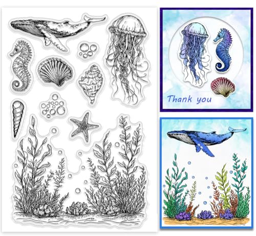 PH PandaHall Meerestier Clear Stamp für Scrapbooking, Muschel Seepferdchen Seestern Silikonstempel Transparenter Gummistempel für Kartendekoration, Buch, Journal, Geschenkanhänger