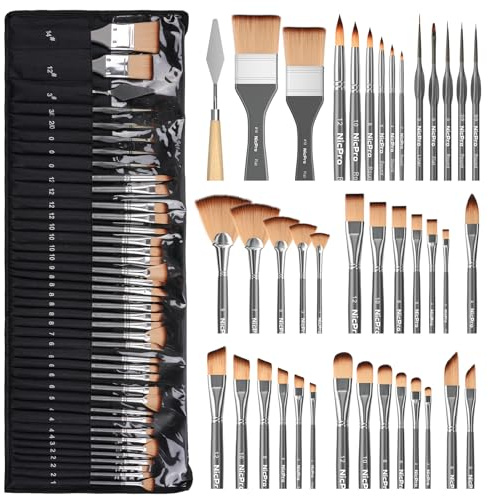 Nicpro 40 PCS Paint Brush Set, Professional Acrylic Paintbrushes with Palette Knife and Cloth Roll, Suitable for Acrylic Painting, Oil, Watercolour, Gouache, Art Supplies for Artists and Beginners
