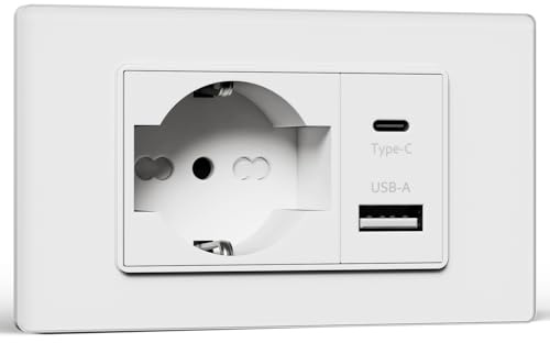 BSEED Presa Schuko e Presa Italiana con USB-A e Type-C, Prese Elettriche da Muro 10A/16A, Presa USB da Muro con Pannello di Vetro, Presa Bipassa 118mm Bianco