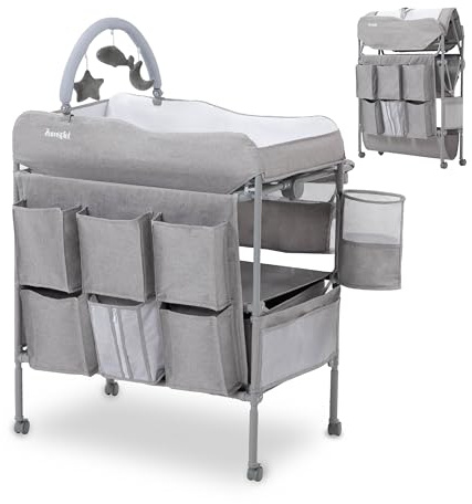 Baby Changing Table, Versatile Portable Folding Changing Table, Waterproof Diaper Changing Station with Waste Basket, Adjustable Height with 2 Drawers, Baby Changing Station for Infant and Newborn