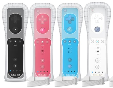 Gamrombo Motion Plus Lot de 4 manettes Wii compatibles avec Wii/Wii U avec étui en silicone et dragonne (blanc, noir, rose, bleu)