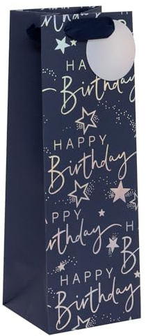 Glick Large Bottle Gift Bag, Happy Birthday Script, 125 x 360 x 120 mm, Luxury Recyclable Bottle Bag for Birthdays, Blue