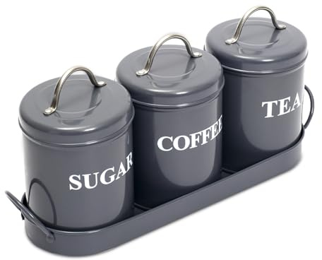 ZoeQide Rangement Sucre Cafe The, 3 Boites Metal Gris avec Plateau Retro | Ensemble gris de trois récipients avec couvercles et plateau, format compact pour café moulu, thé, sucre ou petites réserves