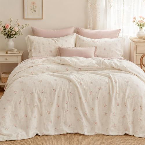 Lanqinglv Musselin Bettwäsche 135x200 Baumwolle Rosa Blumen,Leinenoptik | ÖKO-TEX Zertifiziert,für Allergiker,4 Jahreszeiten Set,Atmungsaktiv Bettbezug 1 Kissenbezüge 80x80 mit Reißverschluss