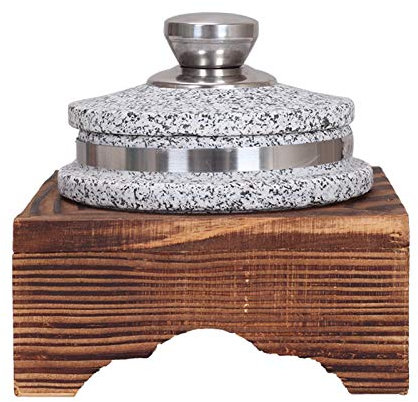 Korean Granite Stone Bowl with Lid for Heavy Duty Cooking Wood Base Rice Cooker Pot Casserole Clay Pot for Korean Cuisine 14cm Diameter