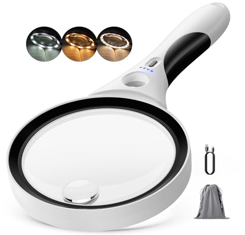 Rechargeable Magnifying Glass with Light, 10X 20X 45X Handheld Lighted Magnifier with 18 LED 3 Modes, 4.3 Anti-Glare Lens Magnifying Glassses for Seniors Reading Coins Close Work