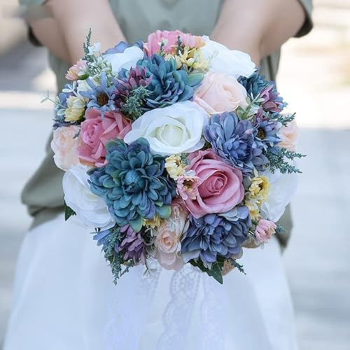 JYBNBBE Ramo de Novia de Flores Rosas, moradas y Azules, Bohemio, romántico, Artificial, de Seda, Rosa, Dalia, Ramos de Novia para Hacer tú Mismo.,Blue