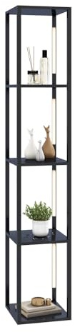FANTASK Lampada da terra con ripiano in legno, libreria con luci LED dimmerabili a 3 livelli e aste LED girevoli, scaffale con interruttore a pedale e 4 ripiani per soggiorno, camera da letto (nero)