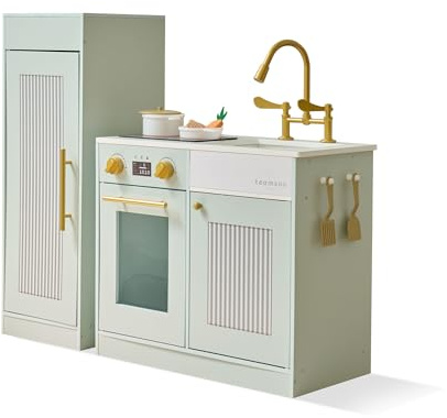 Teamson Kids Little Chef Chester lekkök i grönt med kylskåp, spis, 12 tillbehör, krokar och hyllor, gnistor lagarbete, kreativitet och självförtroende