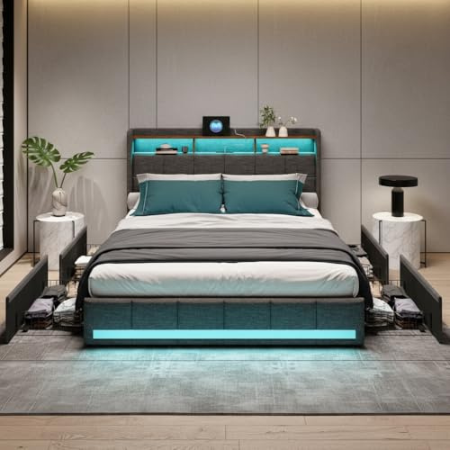 Marooma, Letto cassetto 140 x 200, letto imbottito con USB e LED, comodino con stoccaggio, spazio di archiviazione con 4 cassetti, letto matrimoniale con rete a doghe in metallo, lino (grigio, 140 x