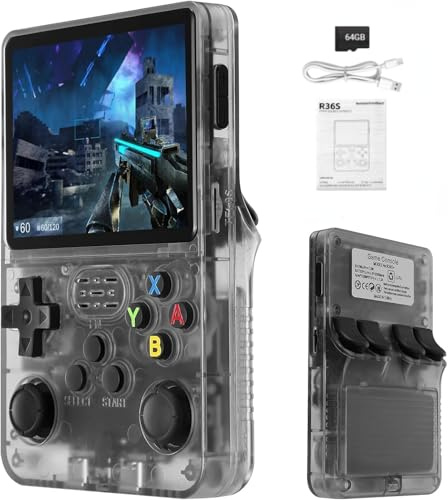 Syzplnwy R36S - Consola de juegos portátil retro con pantalla IPS de 3.5 pulgadas, batería de 3500 mAh, tarjeta TF de 64 GB, más de 15,000 juegos, sistema Linux de código abierto para adolescentes y