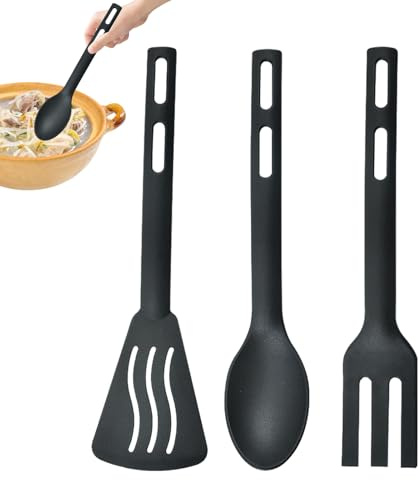Set di 3 utensili da cucina in nylon multicolore, resistente al calore, robusto kit di posate, resistente al calore, manico confortevole, per cottura in forno, spatola forchetta scanalata