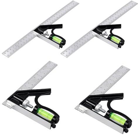 4Pcs Kombinationswinkel 150mm & 300mm, Anschlagwinkel Metall mit Wasserwaage und Anreissnadel für Präzisionsarbeiten, Einstellbarer Winkelmesser aus Edelstahl für 90/45 Grad Messungen