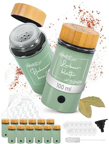Fräulein Zimmerzauber Gewürzgläser 12 Stück (100ml) mit Holzdeckel – Luftdichtes Gewürzgläser Set mit Streueinsatz, 640 Etiketten & Trichter – Runde Gewürzbehälter & Gewürz Organizer in Feenmoos Grün