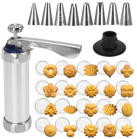Stainless Steel Cookies Press, Cookies Press for Baking,Cookie Press Gun Kit with 20 Cookie Discs and 8 Piping Tips for DIY Cake Maker Decorating Baking Supplies