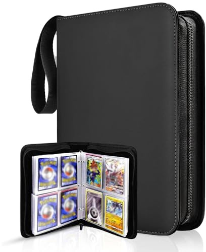 Album de cartes à collectionner - 50 pages - Capacité : 400 cartes - En polyuréthane - Étanche - Avec fermeture éclair - Pour jeux de collection, TCG, Sports, cadeau d'anniversaire (noir)