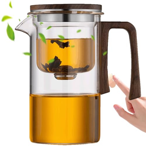 Magic Tea Pot with Infuser, 720ml Water Separation Glass Teapot with Wood-Effect Handle & Cup Lid & Stainless Steel Filter for Brewing of Tea and Coffee, Filtering Loose Leaf & Herbal Tea