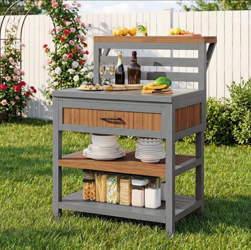 Merax Outdoor Kitchen Unit, Garden Outdoor Storage Cabinet with stainless steel worktop&double shelf&large drawer&tilt-proof design, weatherproof, wooden frame, for Balconies Patios Balcony