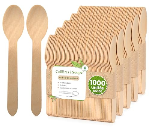 ALPPACK Cuillères Jetables en Bois de Bouleau 16 cm – Lot de 1000 Cuillères de Table Naturelles, Couverts Jetables pour Traiteur, Restauration, Mariage, Buffet et Réception