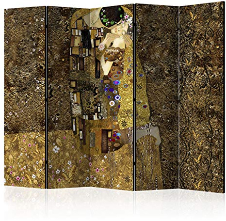 decomonkey Paravent Raumteiler Innen Klimt Kuss, 225x172 cm, 5-teilig | Beidseitig, Wohnzimmer, Room Divider, Wall, Raumteiler Stehend, Trennwand, Sichtschutz, Spanische Wand, Sichtschutzwand, Holz