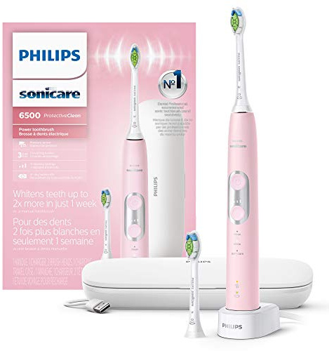 Philips Sonicare ProtectiveClean 6500 Rechargeable Electric Toothbrush, with Pressure Sensor, 3 Cleaning Modes, SmarTimer and QuadPacer, 14-Day Battery Life, Charging Travel Case, Pink, HX6462/06