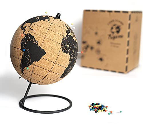 TRIPVEA® Weltkugel aus Kork 20cm - Vintage Globus kork - Dekorative Weltkarte zum Thema Reisen - Ideale Geschenk- und Deko Idee - Höhe = 20 cm
