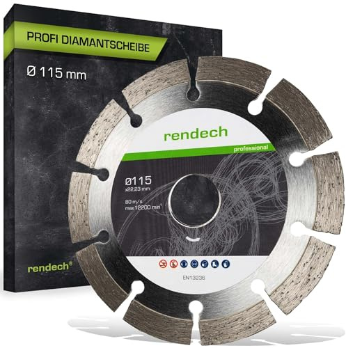 rendech® Profi Diamantscheibe 115mm mit 10mm Block-Segment | Ideal für Beton, Stein, Mauerwerk, Granit, Ziegel uvm. - Zubehör für Winkelschleifer mit hoher Schneidleistung