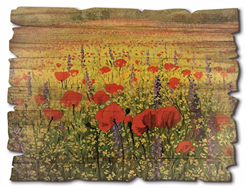 ARTland Wanddeko Bild aus Holz Holzbild vintage Deko 40x30 cm Landschaft Blumen Mohnblumen Blüten Blumenwiese Natur H6LI