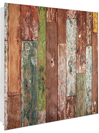 banjado Großer Schlüsselkasten Glas - Schlüsselbox 30x30cm mit 50 Haken - Schlüsselkasten modern für Schlüsselaufbewahrung mit beschreibbarer, magnetischer Glastür - Motiv Buntes Holz