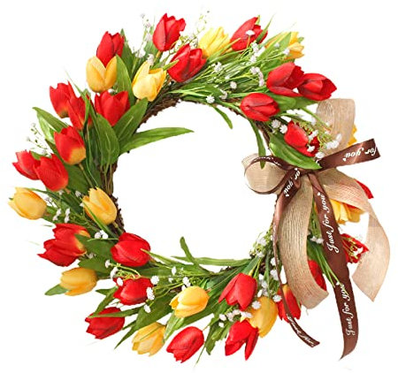 Dysetcs Künstliche Tulpenblumenkranz mit grünen Blättern, Blumen und Schleife, Frühlingskranz für Fenster, Wand, Party, Hochzeit, Dekoration, 45 cm
